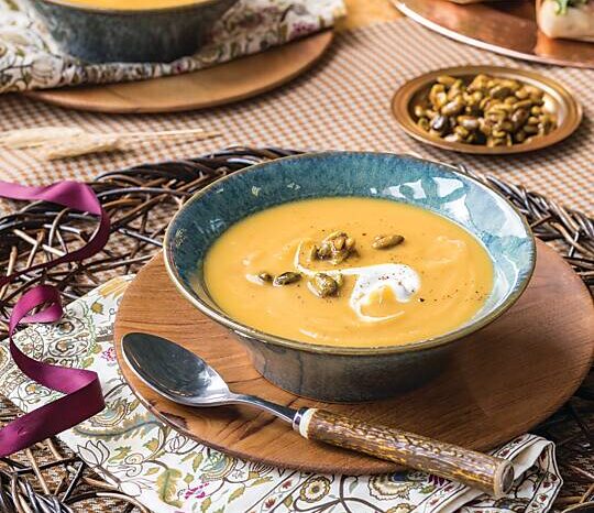 Pumpkin and Pear Soup with Candied Pistachios