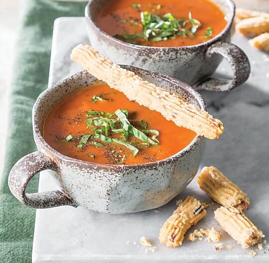 Smoky Tomato Soup with Bacon Cheese Straws