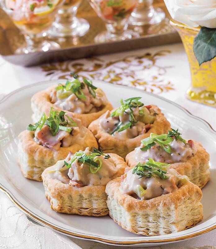 Creamed Tarragon Chicken and Bacon Vol-au-Vents on a white platter