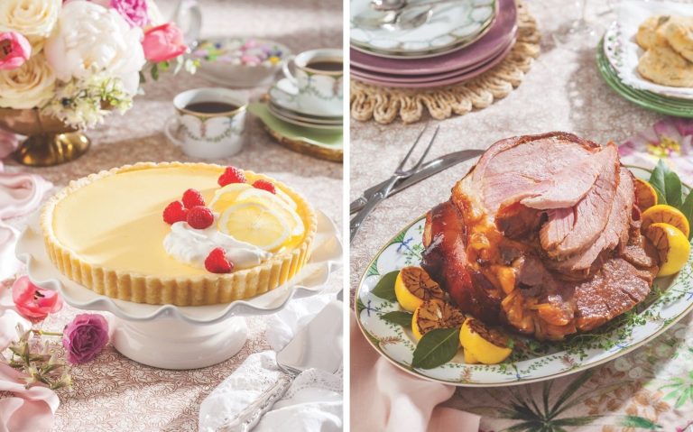 A Jubilant Easter Spread: Side-by-side lemon tart and baked ham