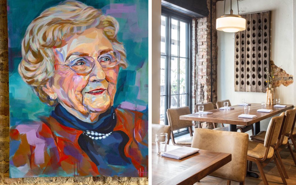 Side-by-side images of a colorful portrait of a woman and Helen restaurant's dining room