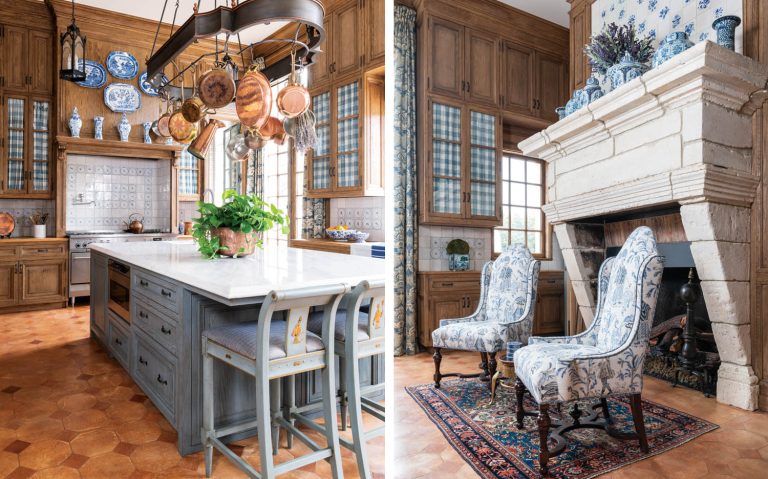 Side-by-side images of a blue-and-white decorated kitchen with wood cabinetry and a white stone fireplace