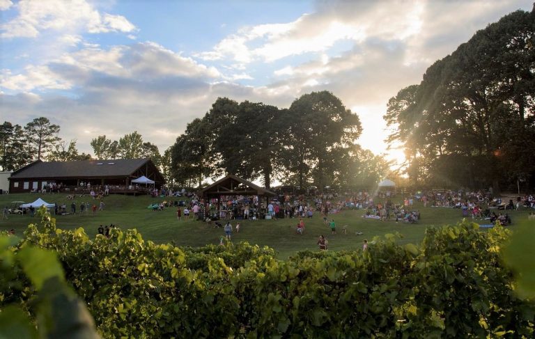 The green pavilion at Landry Vineyards, sunset in Monroe West-Monroe