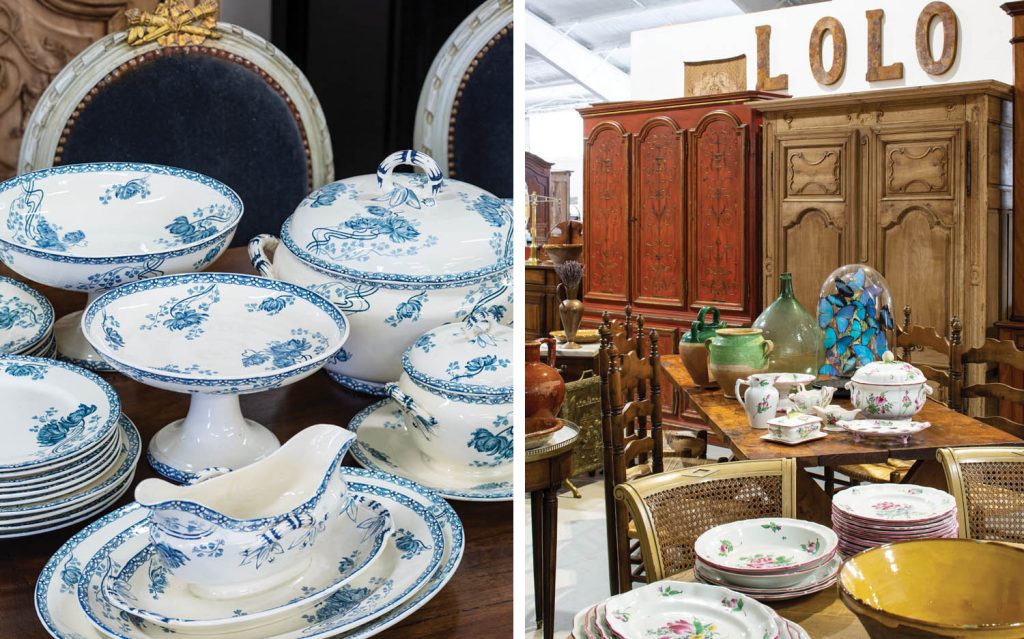 Blue-and-white dishes and antique furnishings