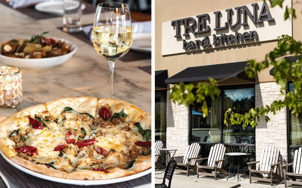 Pizza and wine along with exterior of Tre Luna Bar & Kitchen