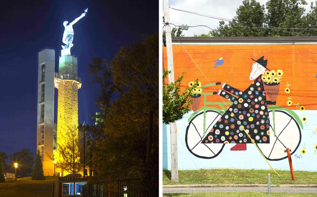 Side-by-side images of the Vulcan monument and a colorful mural in Birmingham, Alabama