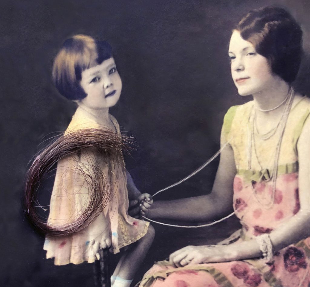 Aged photo of two young girls and a lock of hair