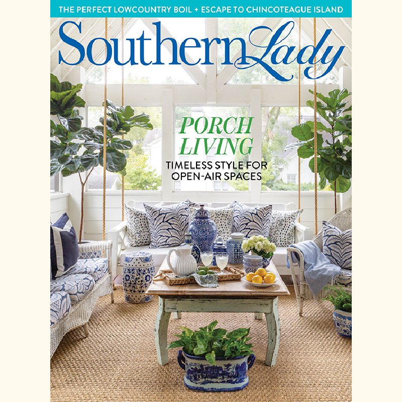 Southern Living magazine cover showing a sunlit porch with blue-and-white cushions, plants, and a rustic coffee table; headline 'Porch Living'
