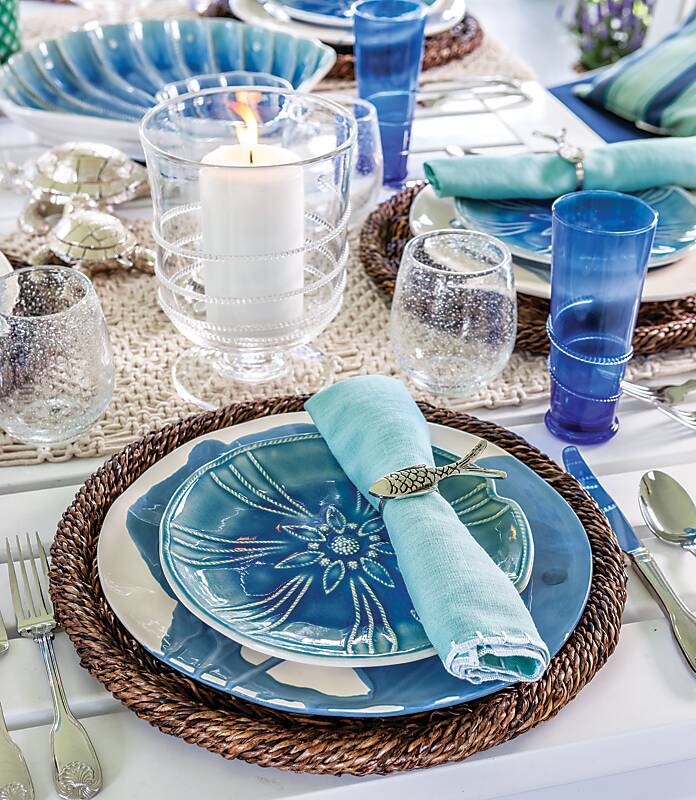 A blue-and-white, coastal-inspired table setting
