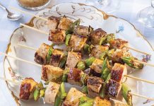 Fig-Glazed Pork and Okra Kabobs Grilled Pork and Okra Kabobs on white floral china