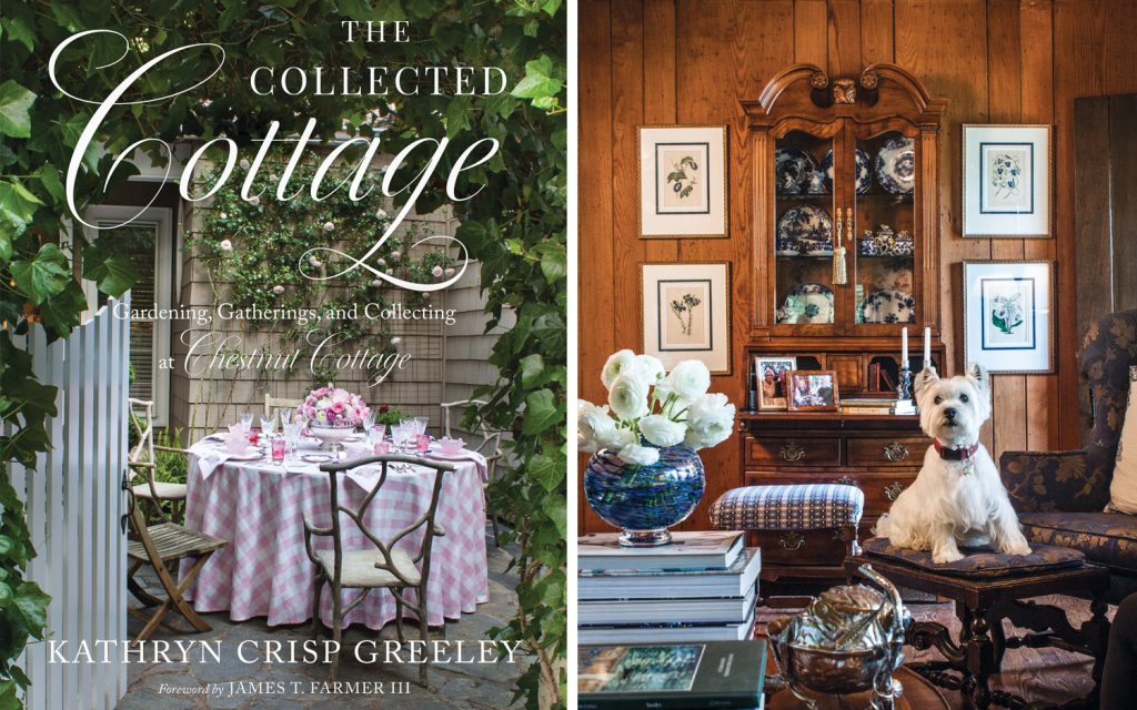 The Collected Cottage book cover and a wood-paneled den where a white dog sits on an ottoman