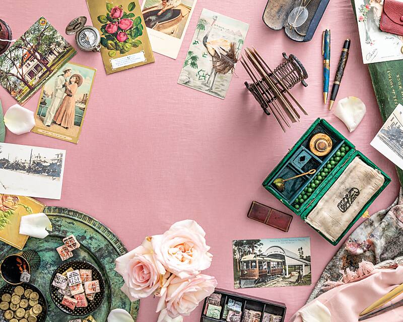 Antique postcards and stationery tools