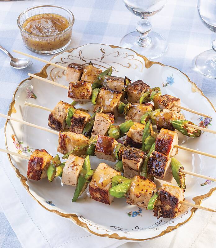 Grilled Pork and Okra Kebabs on white floral china