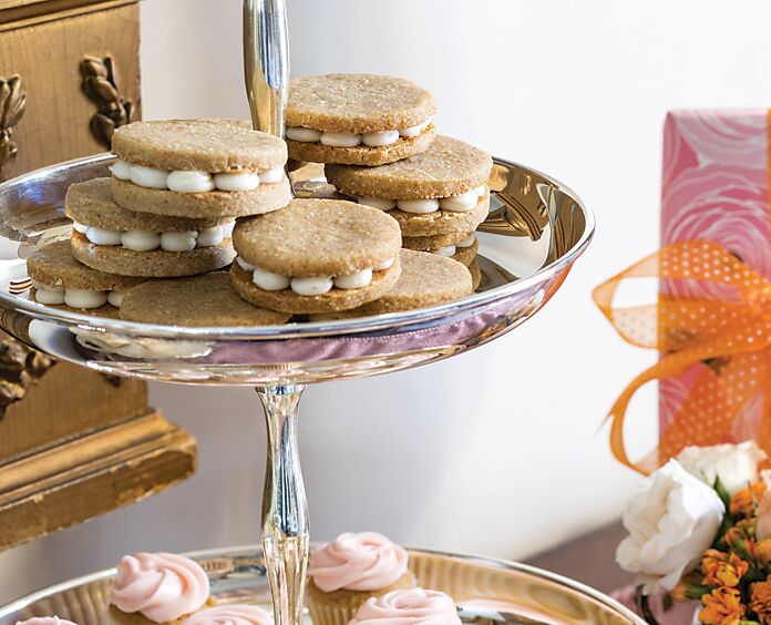 Maple-Spice Sandwich Cookies on a tiered silver stand