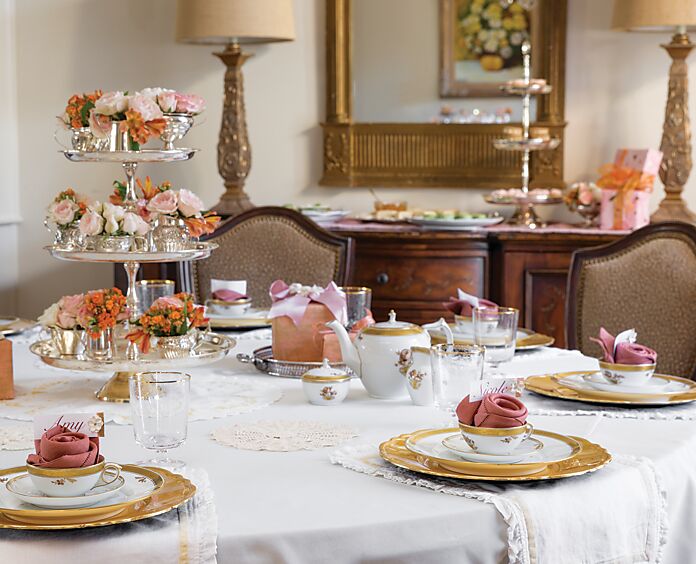 Pink, white, and gold table setting for teatime