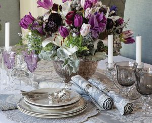 A Polished Winter Tablescape Accented with Purple Blooms