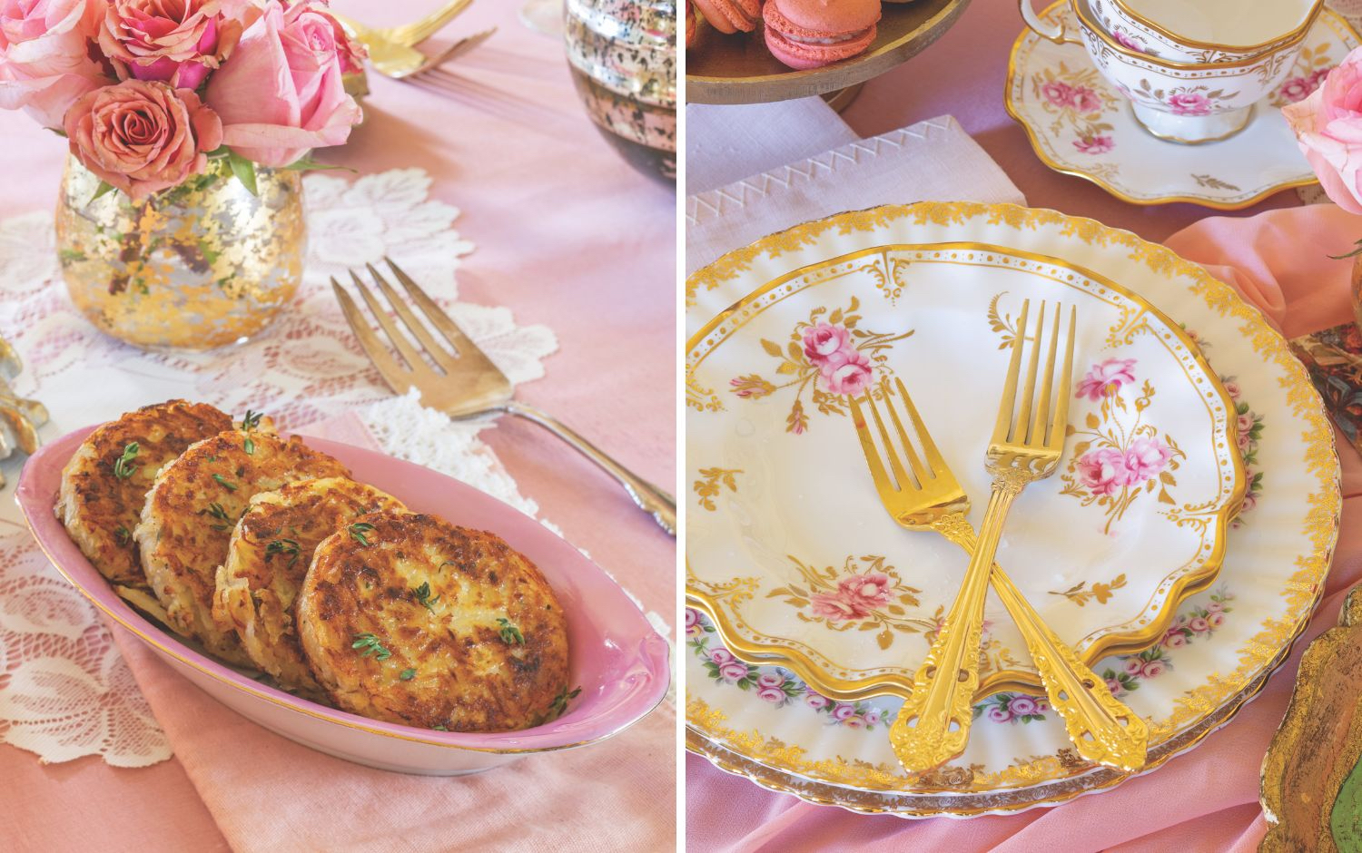 Thyme Hash Brown Cakes and floral china on a pink backdrop