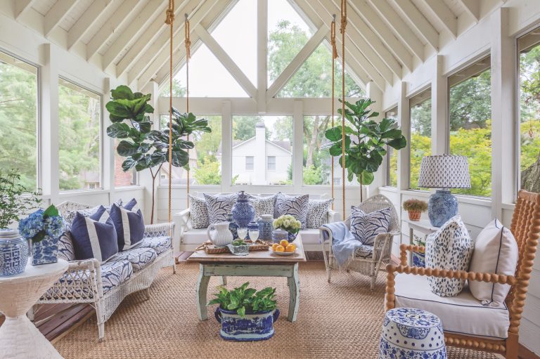 Southern porch decorated with blue and white