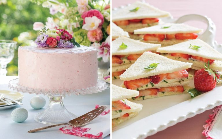 Strawberry tea sandwiches and a pink cake topped with flowers