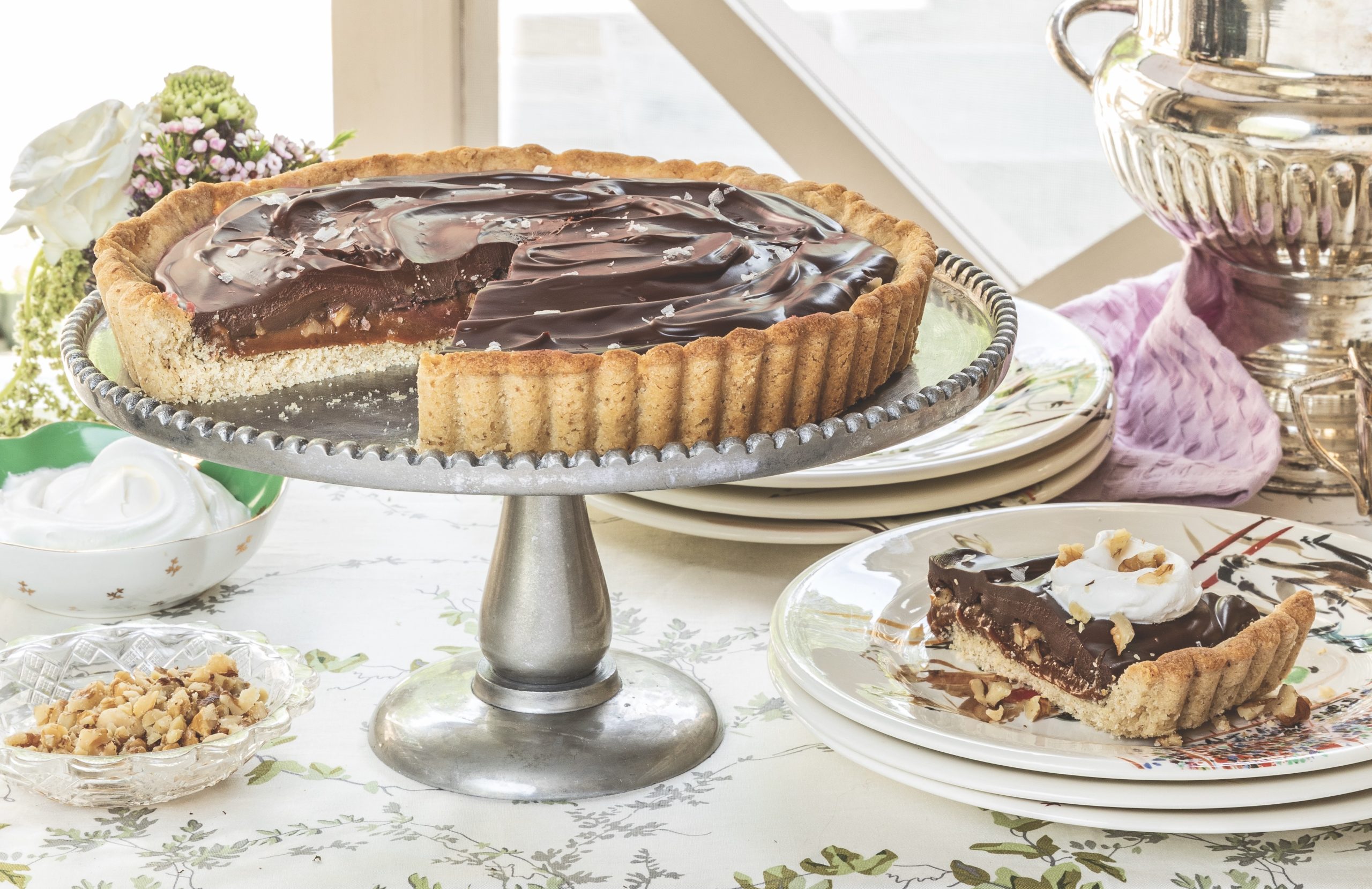 Bourbon-Caramel Chocolate Tart with Walnut Crust