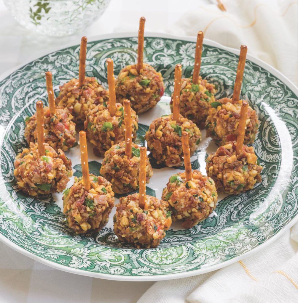 Pimiento Cheese Pretzel Bites on a green-and-white plate