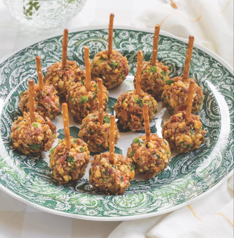 Pimiento Cheese Pretzel Bites on a green-and-white plate