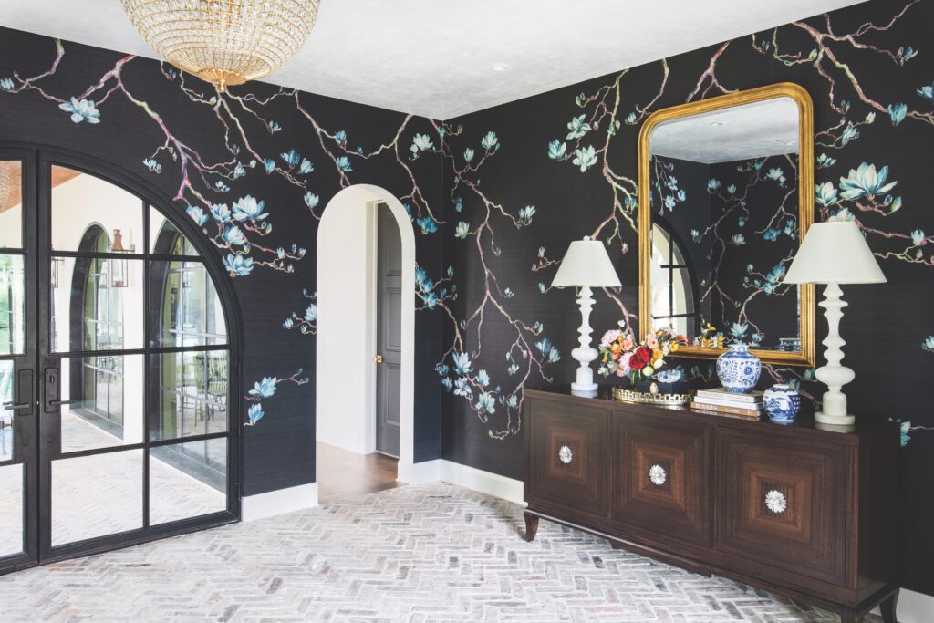 Foyer with blue floral wallpaper