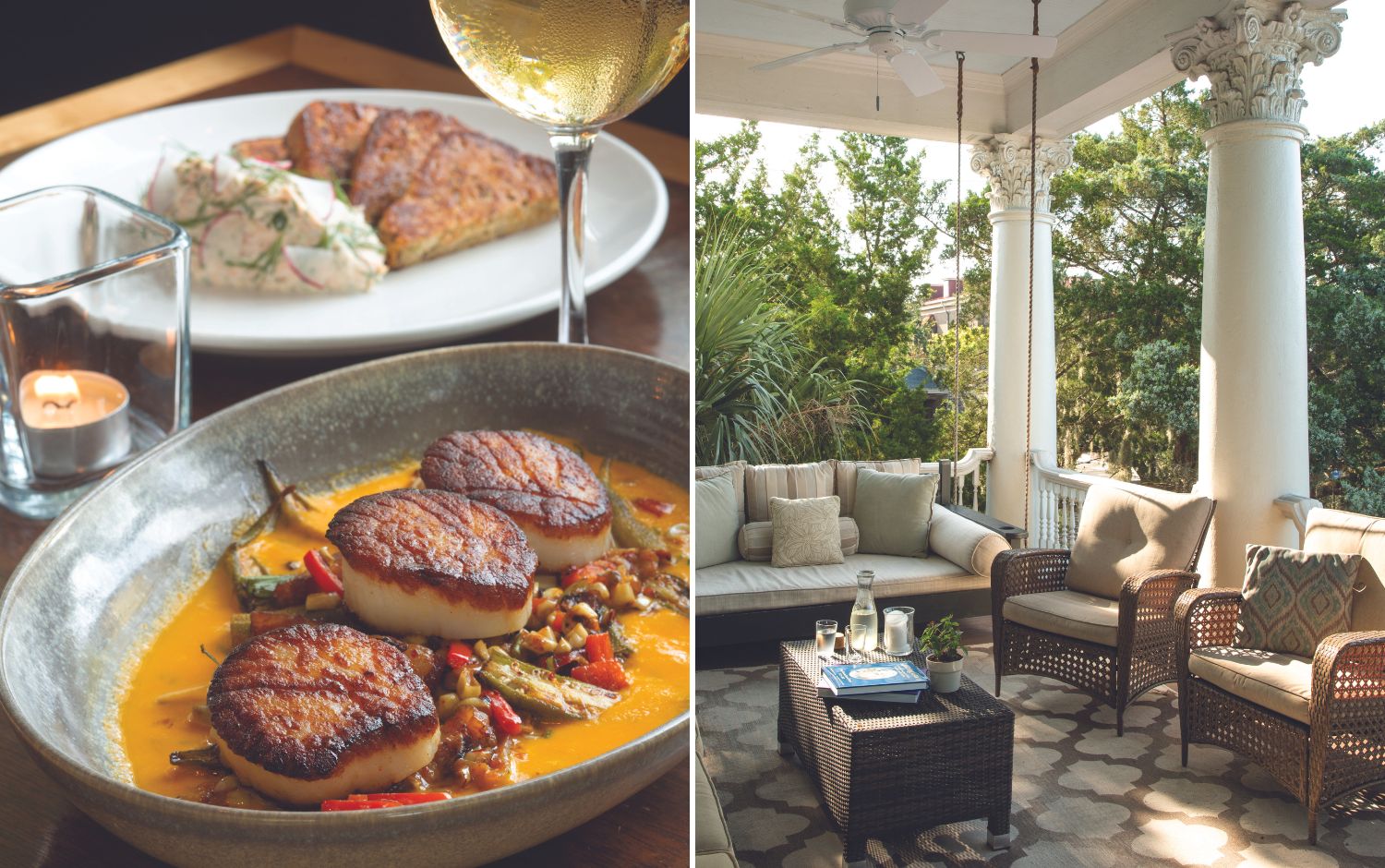 Scallops over vegetables and a front porch in Beaufort, SC