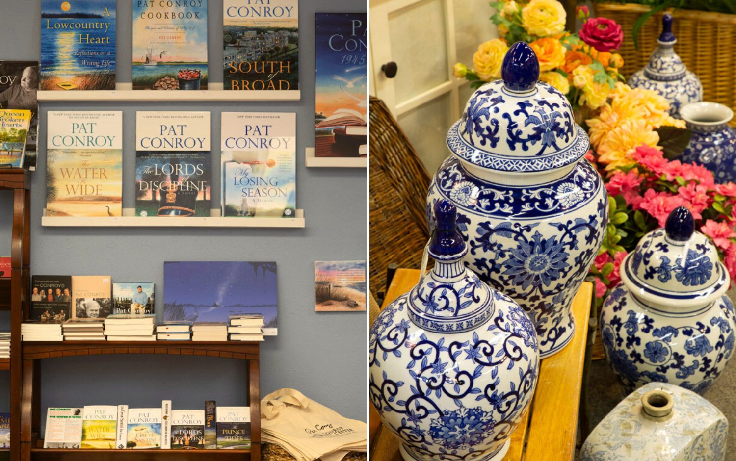 Pat Conroy books and blue-and-white ginger jars in Beaufort, SC