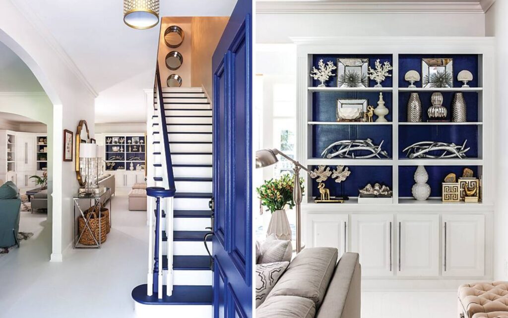 Blue and white entryway with matching bookshelf