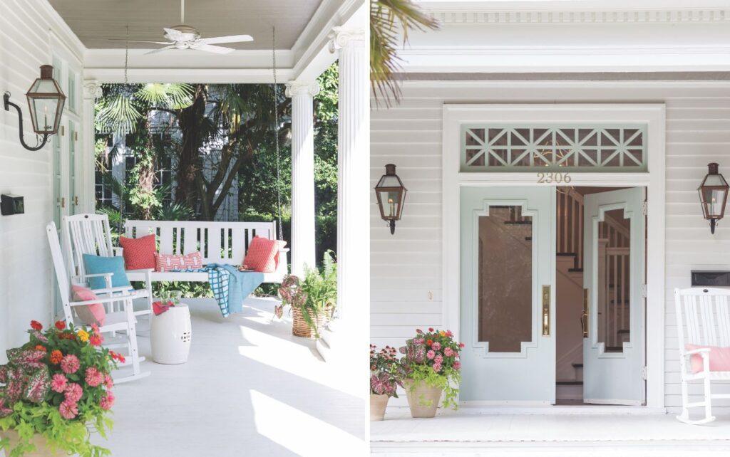 Blue front door and white porch