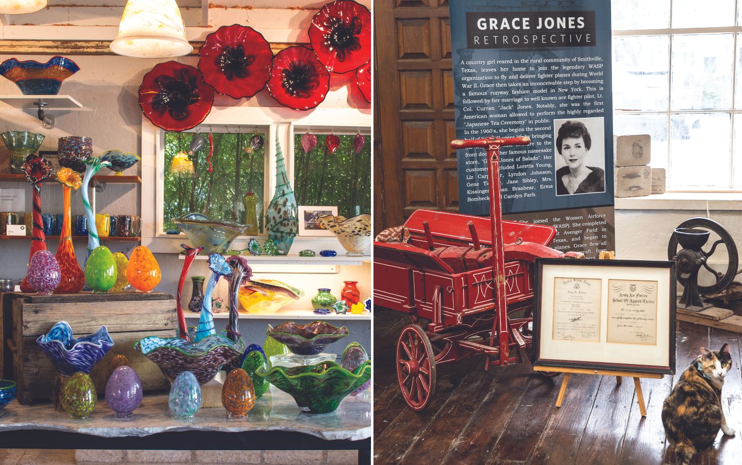 Salado Glassworks and poster of Grace Jones in Salado, TX