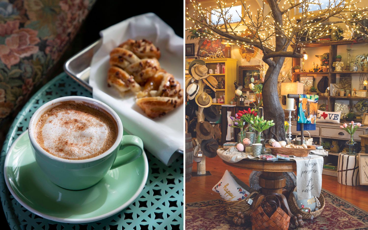 Cappuccino in a jade cup and shop interior, Salado, TX