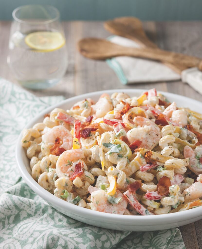 Shrimp Salad with Bacon-Dill Dressing in a white bowl
