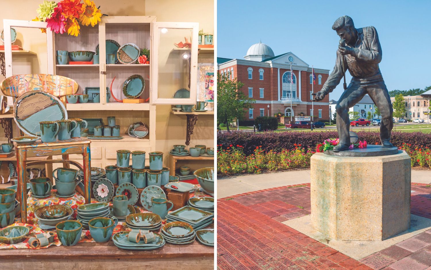 Mississippi pottery and Elvis statue in Tupelo, MS