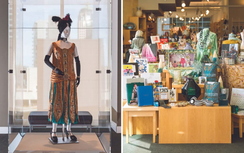 Flapper outfit on a mannequin and a museum gift shop
