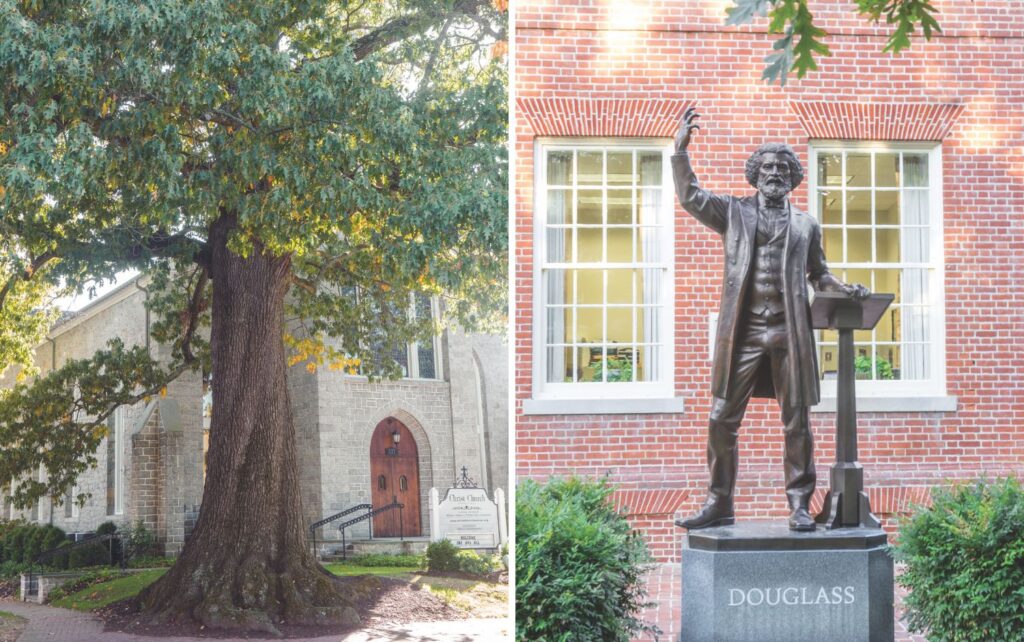 A church and a statue of Frederick Douglass in Easton, MD