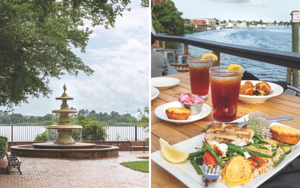 Georgetown, South Carolina, waterfront fountain and dining