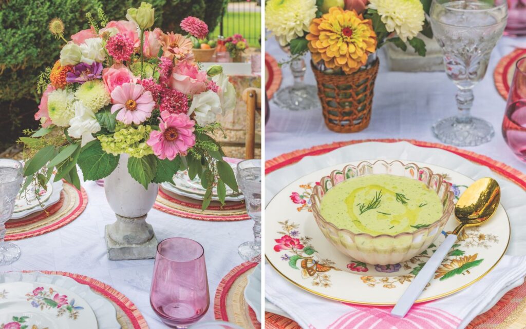 Pink floral arrangement and bowl of green gazpacho