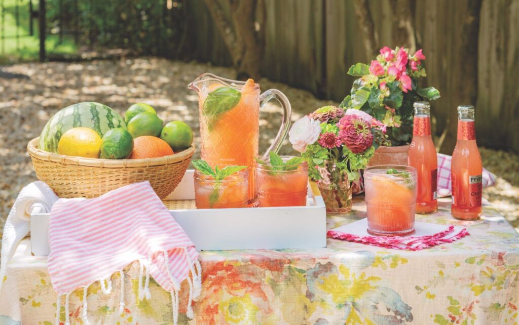 Beverage tray and a basket of fruit