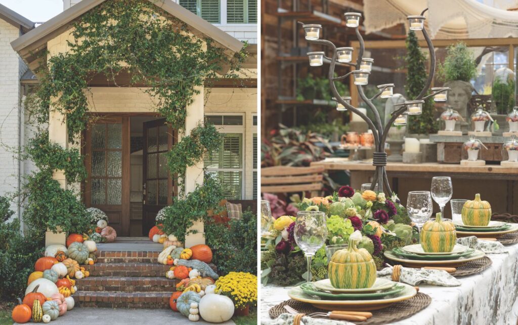 A front entryway adorned with pumpkins and a fall tablescape