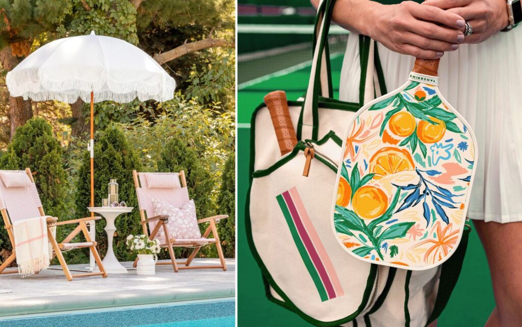 poolside chairs and umbrella next to pickleball accessories