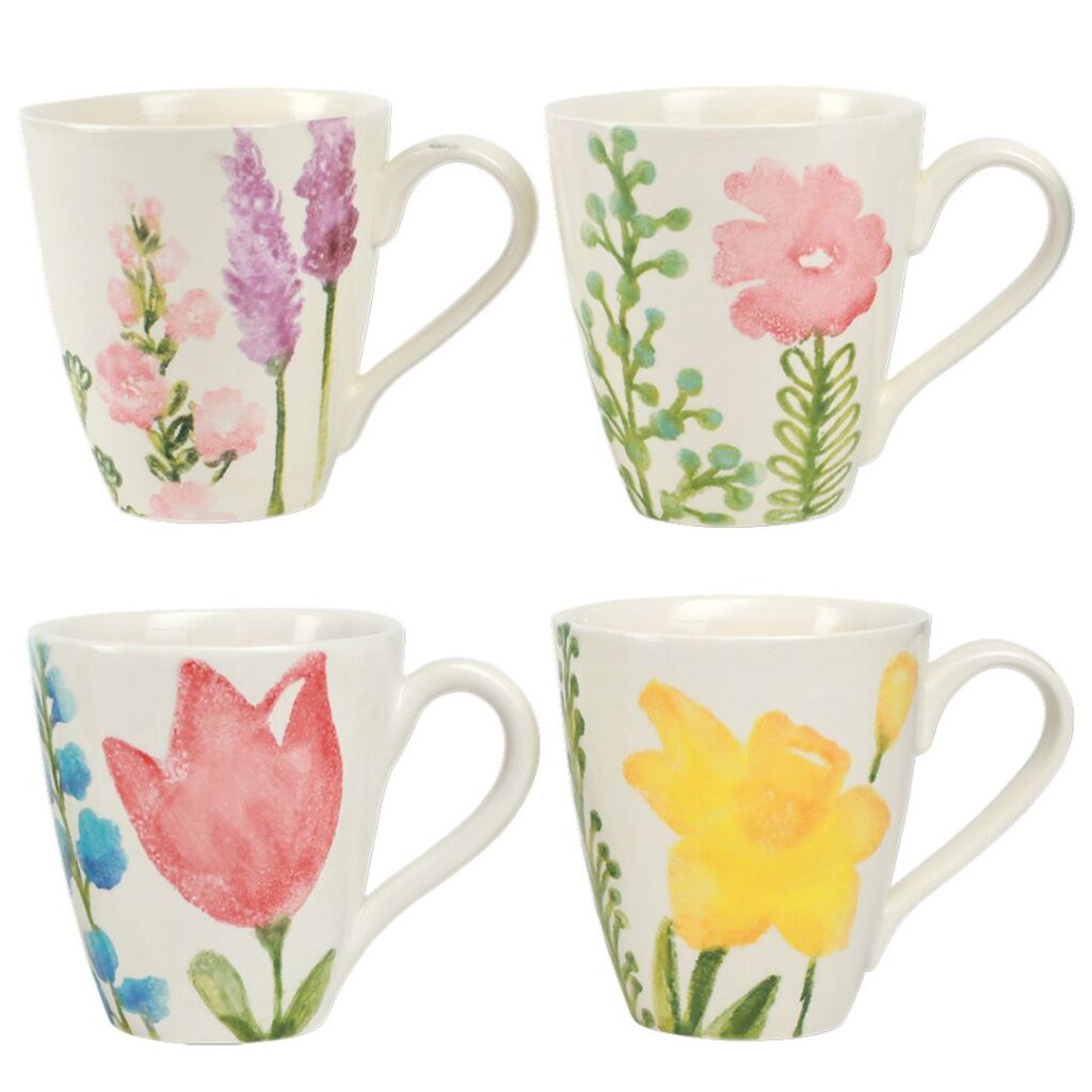 Four hand-painted floral mugs