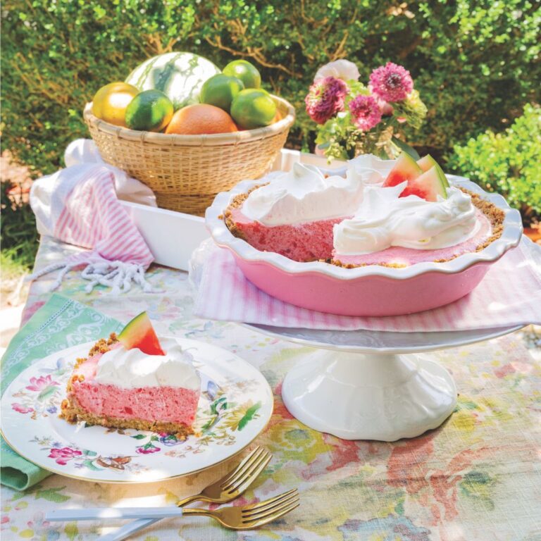 Watermelon Pie on a white cake stand