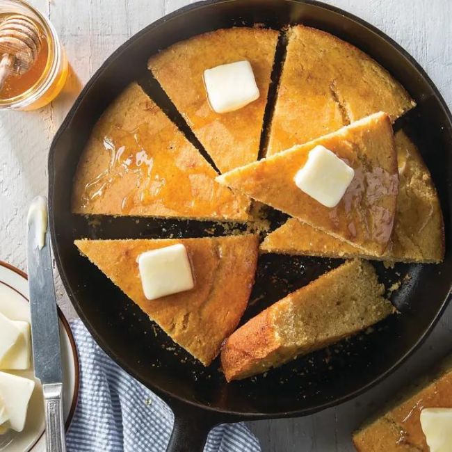 Southern cornbread in a cast-iron skillet