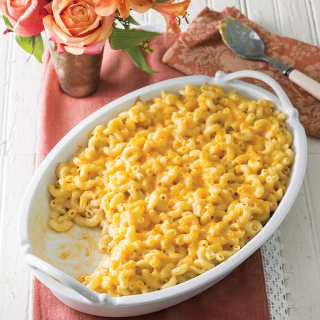 Mac and cheese in a white oblong dish