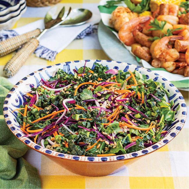 Serving bowl filled with multicolored slaw