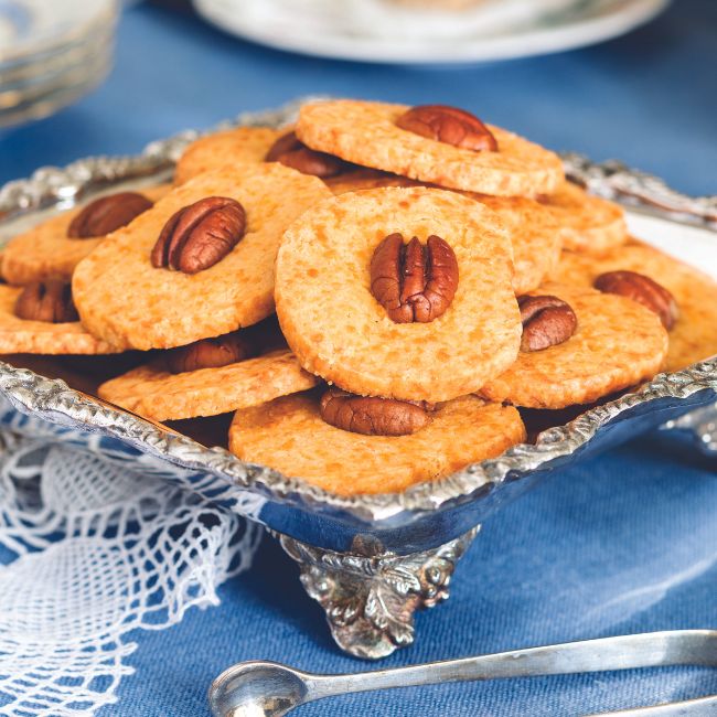 Pecan Cheese Pennies on a silver tray
