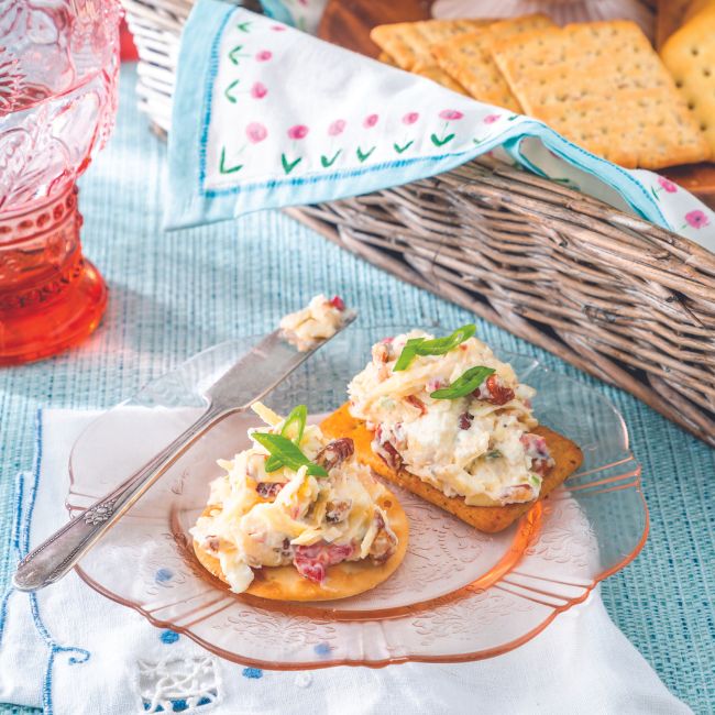 Goat Cheese and Gouda Pimiento Cheese Spread on crackers