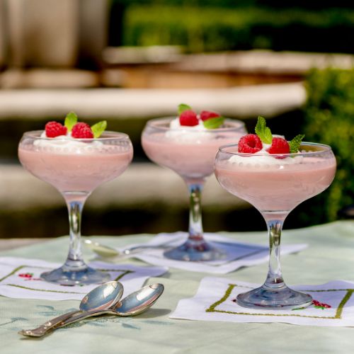 Raspberry Panna Cotta in coupe glasses